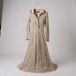 Long Sleeve Bodycon Maxi Sweater Dress Small Beige Black Stripe V Neck Ribbed